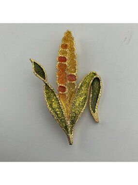 Vintage Enamel Texture Autumn Orange Yellow Green Corn Stalk Goldtone Brooch Pin